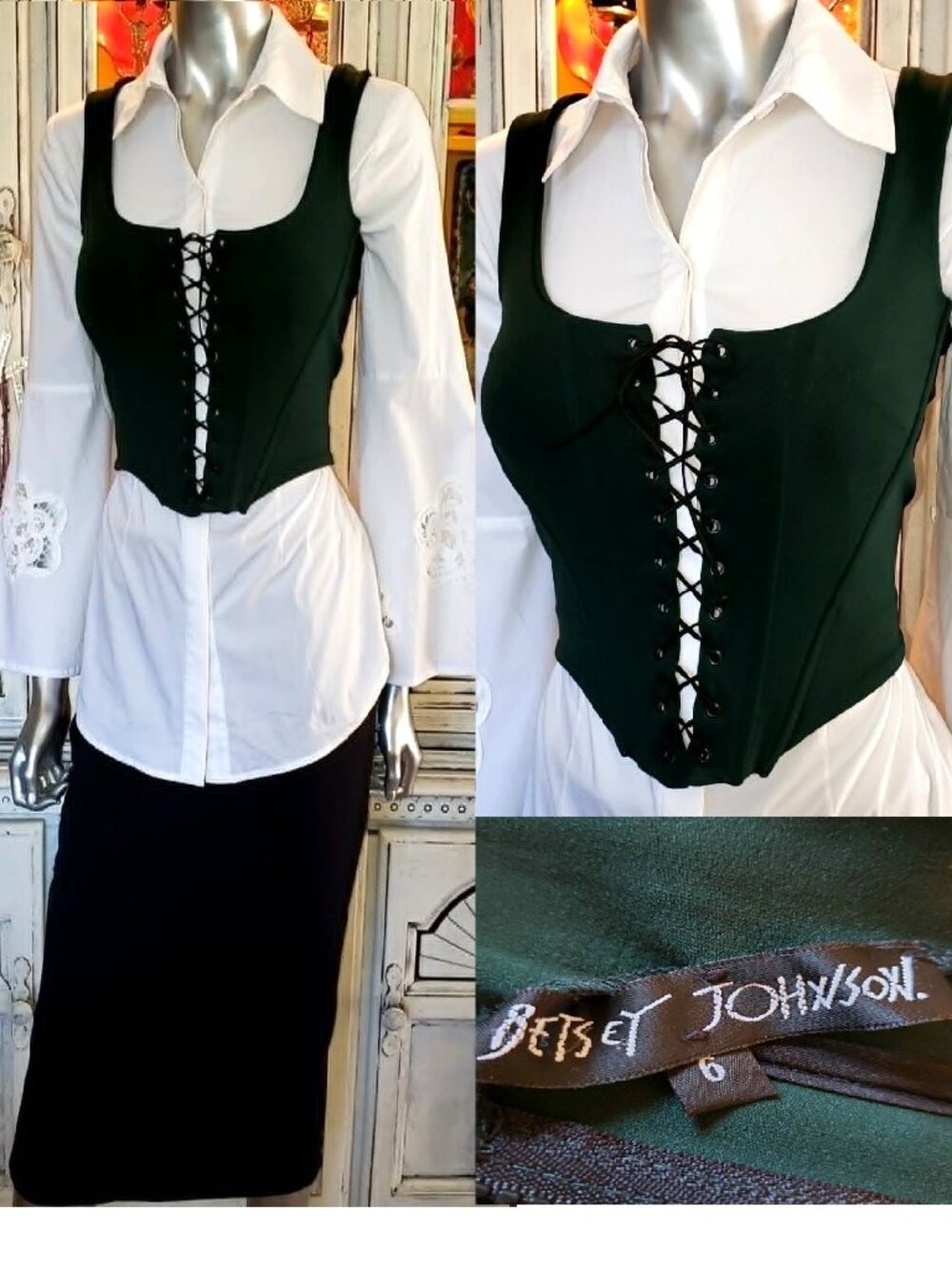 Vintage Betsey Johnson 90s Y2K Green Corset Lace Up Scuba Vest Top Dress Shirt